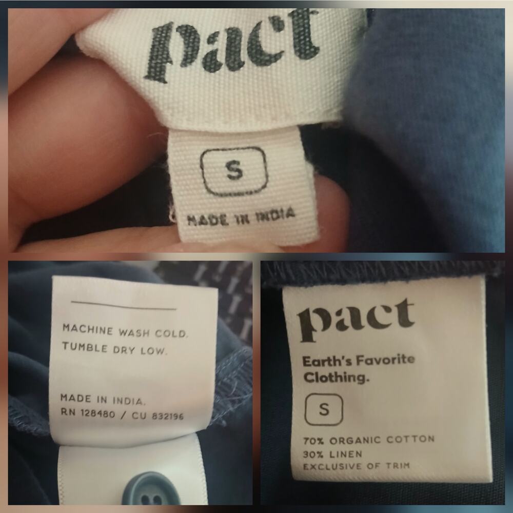 Pact Women's SZ S Organic Cotton/Linen Blend Full Button Back Tank Navy Blue - Picture 4 of 4